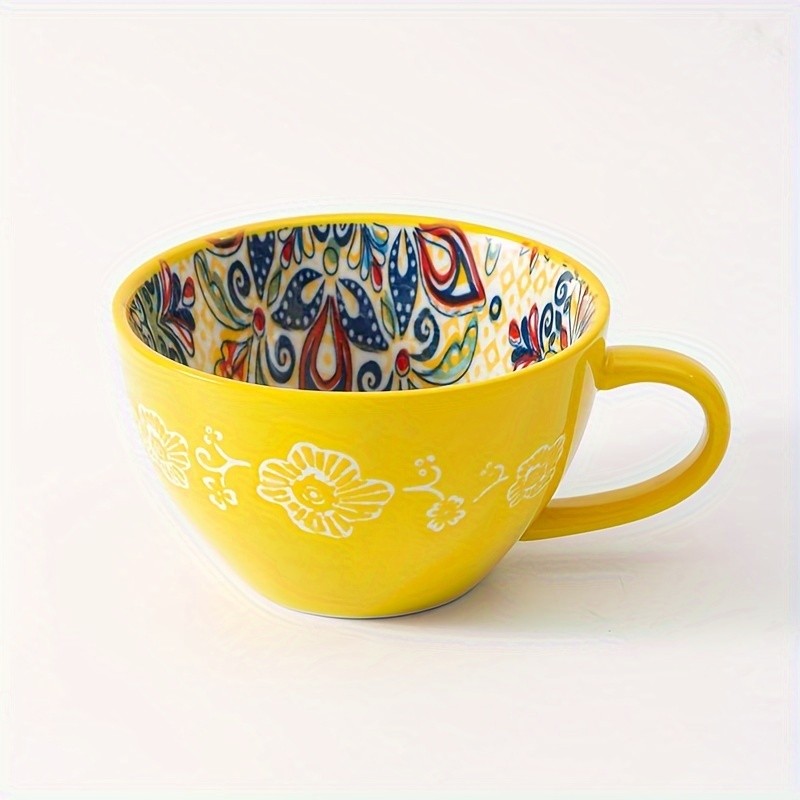 YUMIPLUS 15oz Bohemian Ceramic Breakfast Cup  Large Capacity Water, Milk & Coffee Mug (Microwave-Safe)