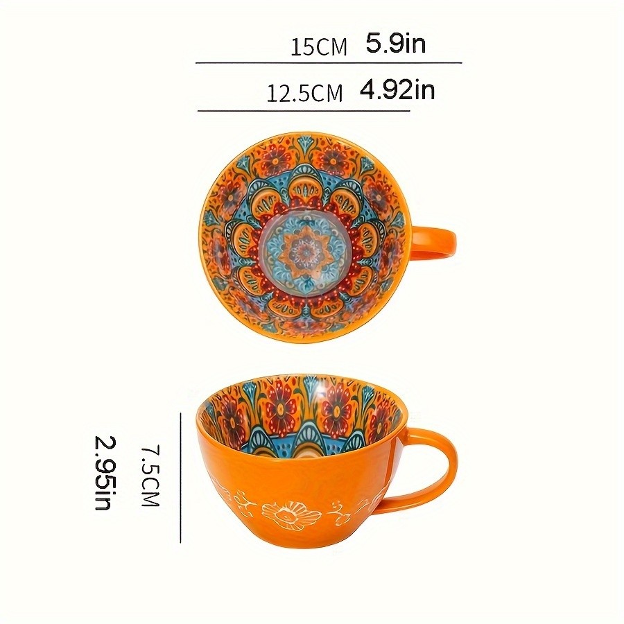 YUMIPLUS 15oz Bohemian Ceramic Breakfast Cup  Large Capacity Water, Milk & Coffee Mug (Microwave-Safe)