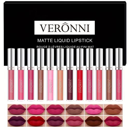 VERONNI 12 Set of Lip Glaze Lipstick  Non-Fading Matte Colour for Every Mood