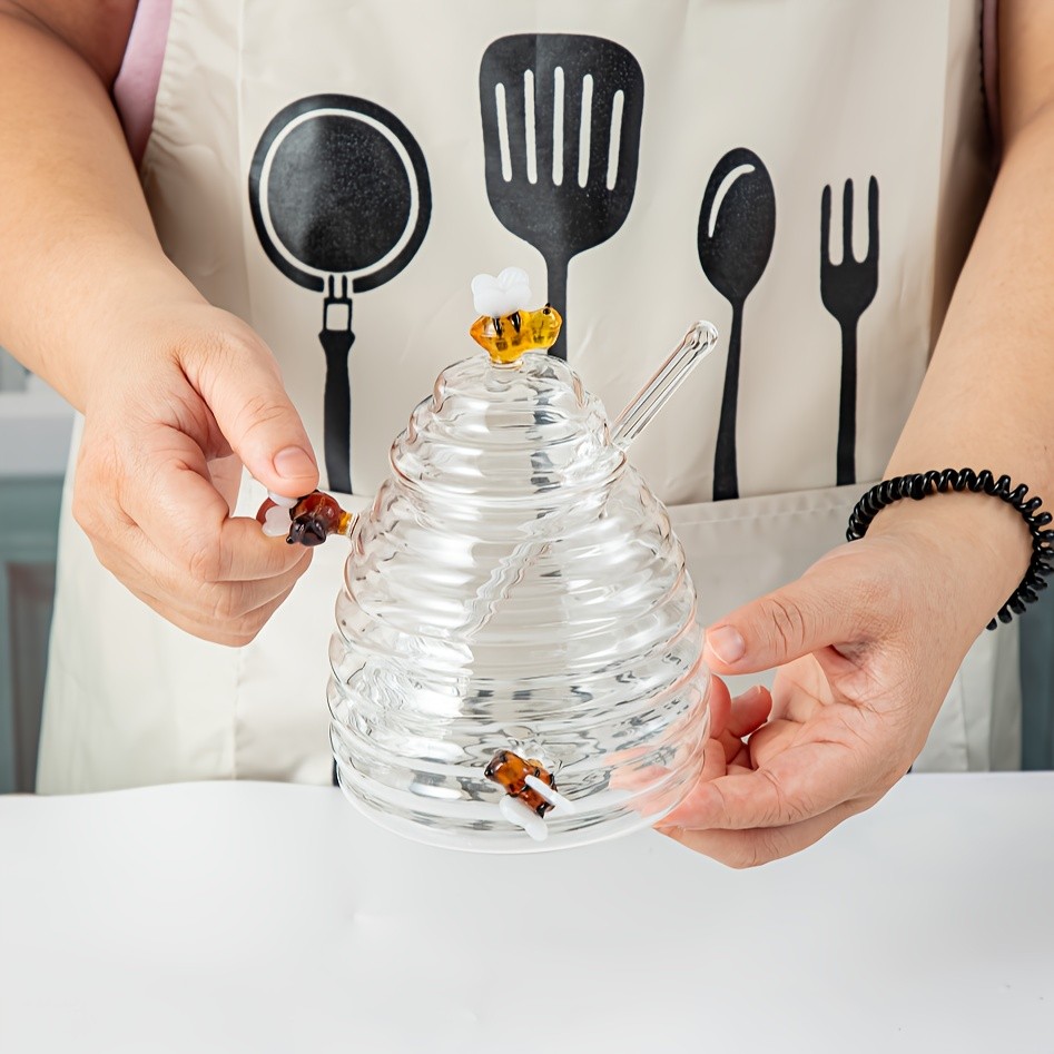 YUMIPLUS Glass Honey Jar with Dipper & Lid  High Borosilicate Transparent Honey Container with Cute Bee Decorations
