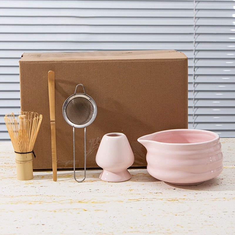 YUMIPLUS Pink Ceramic Matcha Bowl & Whisk Set  Complete Matcha Tea Set for Home or Restaurant Latte Art Ceremony