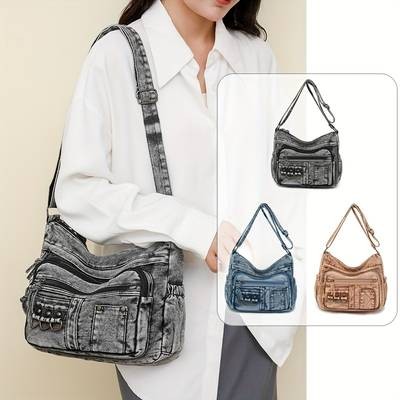 Vintage Washed Denim Shoulder Bag for Women  Soft AutumnWinter Hobo Crossbody (Crafted in Guangzhou)