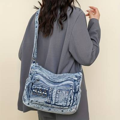 Vintage Washed Denim Shoulder Bag for Women  Soft AutumnWinter Hobo Crossbody (Crafted in Guangzhou)
