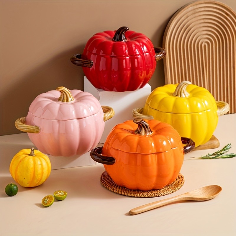 YUMIPLUS Dutch Oven Pumpkin Dish 50OZ Premium Festive Ceramic Casserole