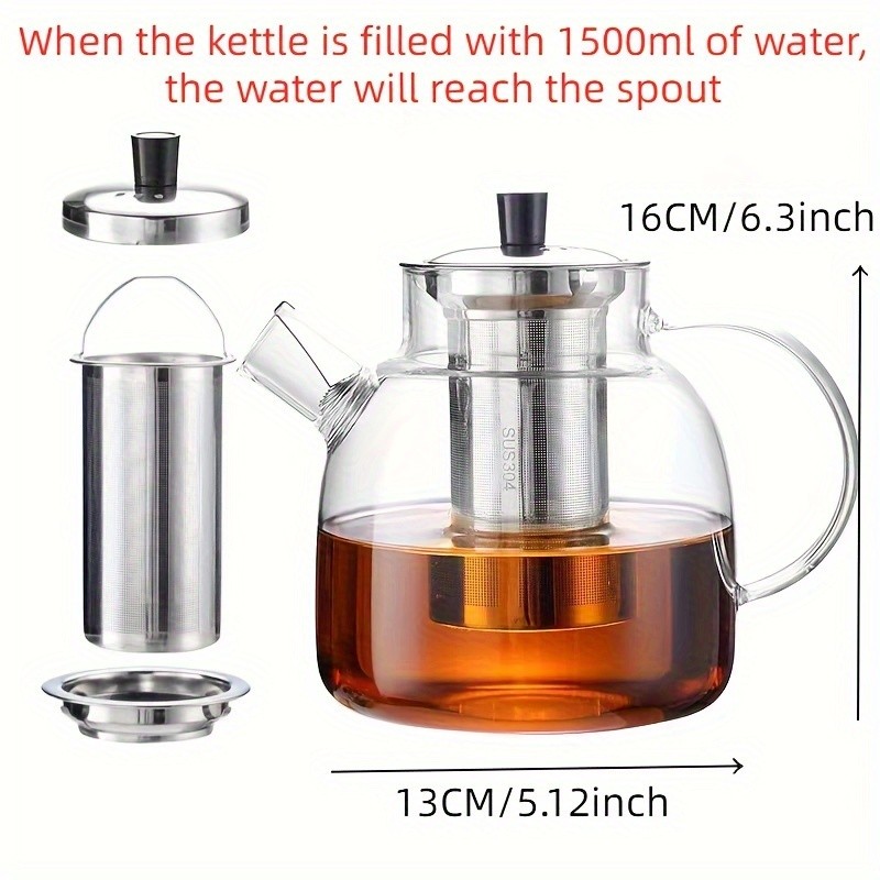 YUMIPLUS 1500ml Glass Teapot with Infuser  Stovetop-Safe Premium Tea Brewing Pot