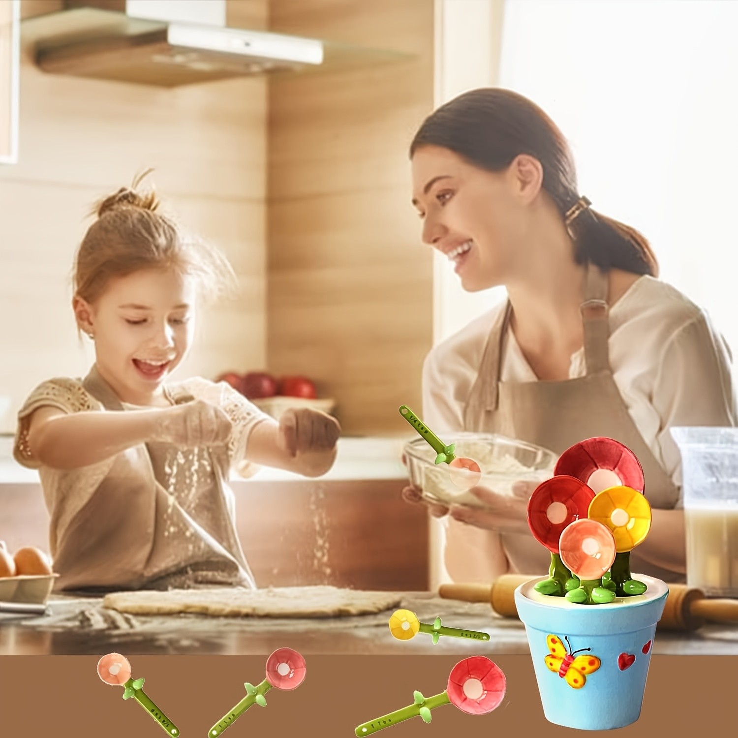 YUMIPLUS Flower Ceramic Measuring Spoons Set Cute Porcelain Spoons with Pot Base Holder