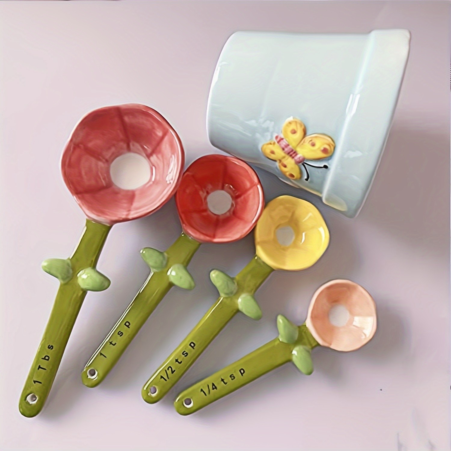 YUMIPLUS Flower Ceramic Measuring Spoons Set Cute Porcelain Spoons with Pot Base Holder