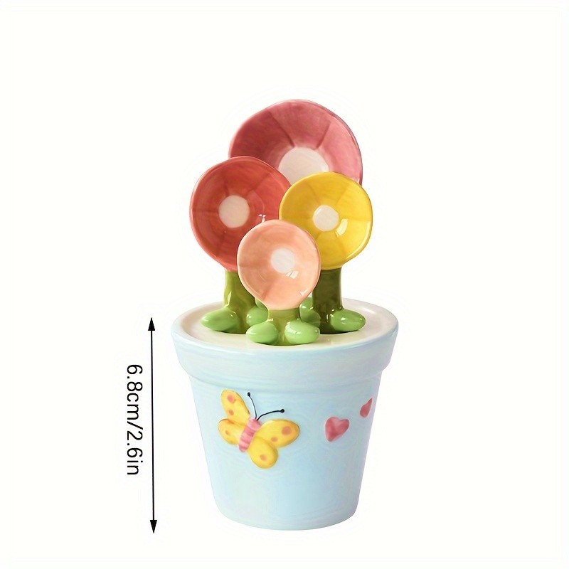 YUMIPLUS Flower Ceramic Measuring Spoons Set  Cute Porcelain Spoons with Pot Base Holder