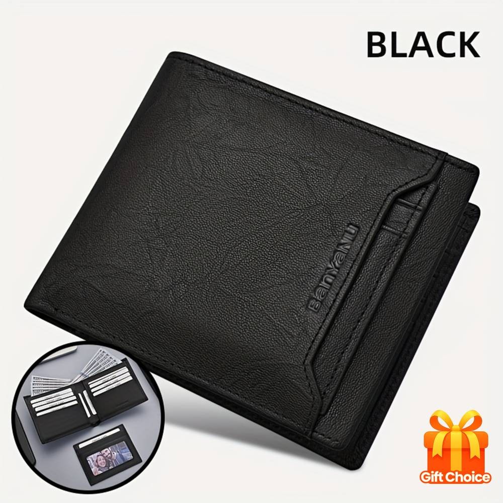 BANYANU Mens Top-Grain Leather Short Wallet  14 Card Slots + Independent Card Holder