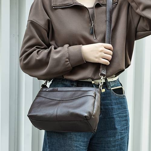 NIUCUNZH Womens Genuine Leather Crossbody Bag  Sleek Black Handbag with Detachable Strap & Multiple Zipper Pockets