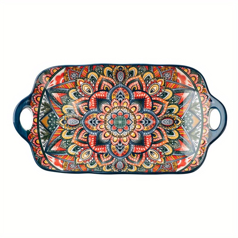 YUMIPLUS Bohemian Ceramic Serving Platter Versatile Rectangular Dish with Handles for Dining & Entertaining