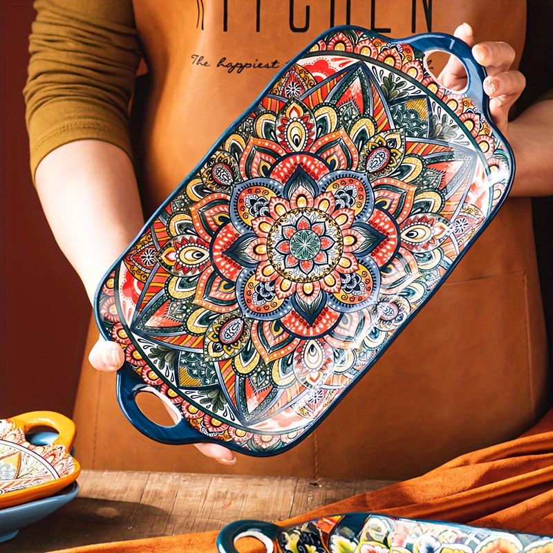 YUMIPLUS Bohemian Ceramic Serving Platter Versatile Rectangular Dish with Handles for Dining & Entertaining