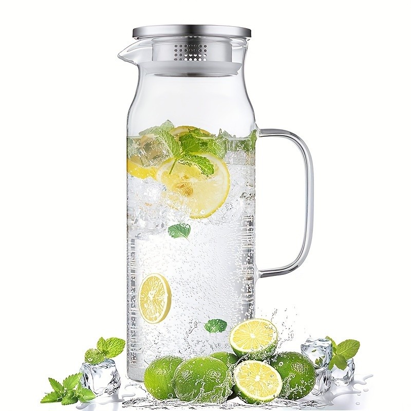 YUMIPLUS 1500ml High Borosilicate Glass Pitcher Heat-Resistant Durable Water & Beverage Dispenser with Stainless Steel Lid
