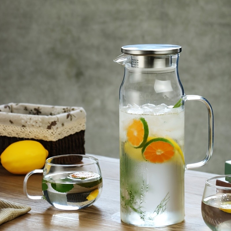 YUMIPLUS 1500ml High Borosilicate Glass Pitcher Heat-Resistant Durable Water & Beverage Dispenser with Stainless Steel Lid