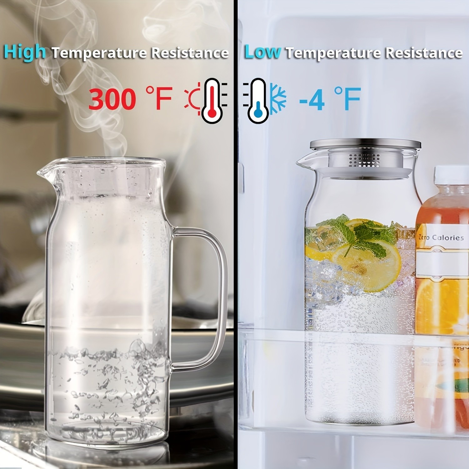 YUMIPLUS 1500ml High Borosilicate Glass Pitcher Heat-Resistant Durable Water & Beverage Dispenser with Stainless Steel Lid