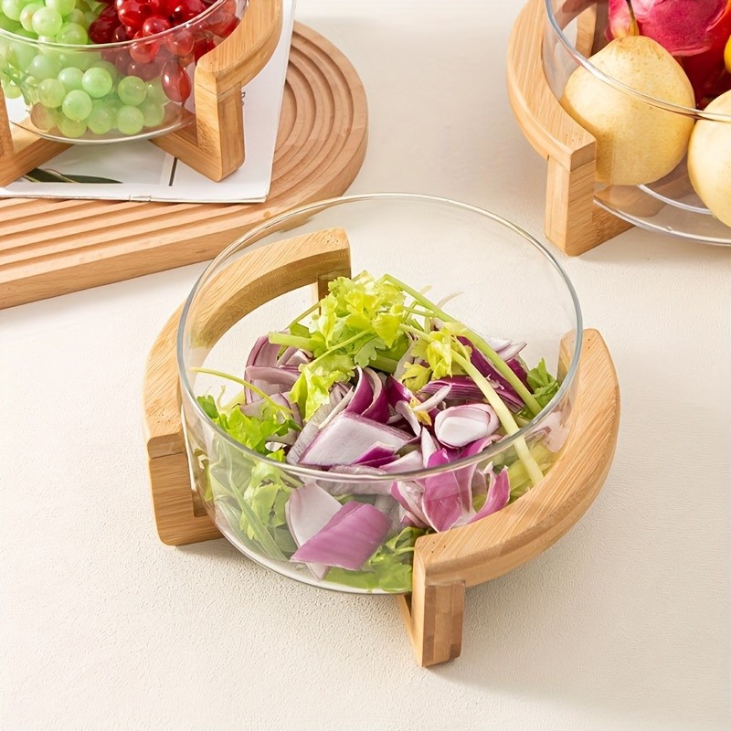 YUMIPLUS Glass Fruit Plate with Bamboo Base  Elegant Snack & Salad Bowl for Home, Restaurant & Hotel Use