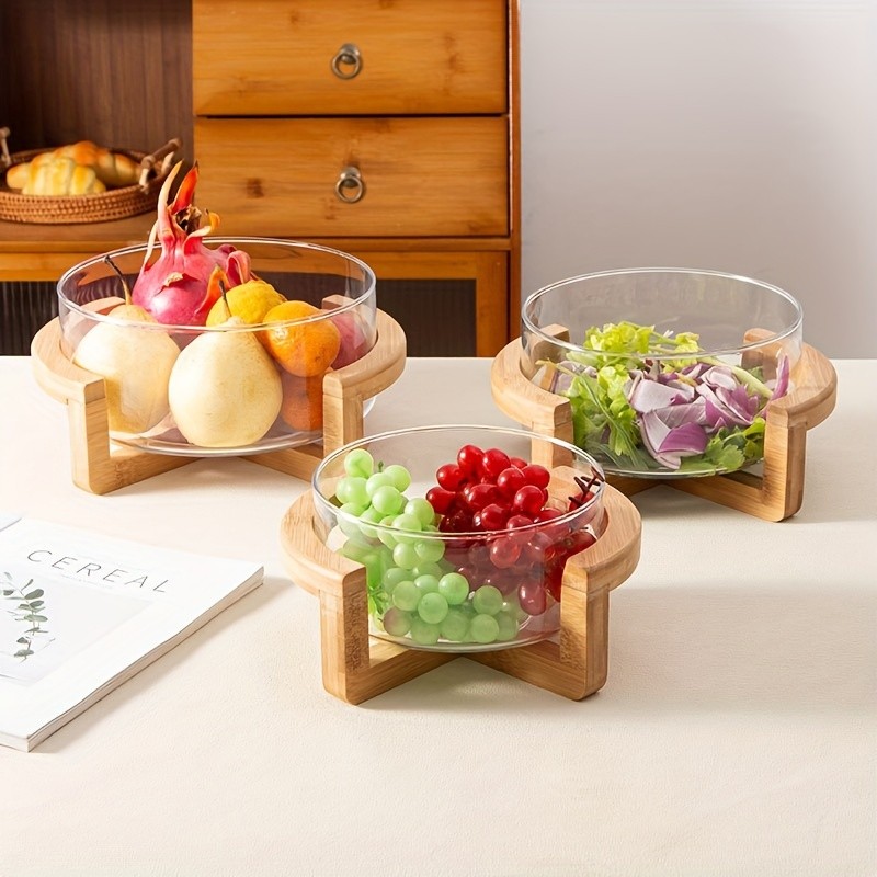 YUMIPLUS Glass Fruit Plate with Bamboo Base  Elegant Snack & Salad Bowl for Home, Restaurant & Hotel Use
