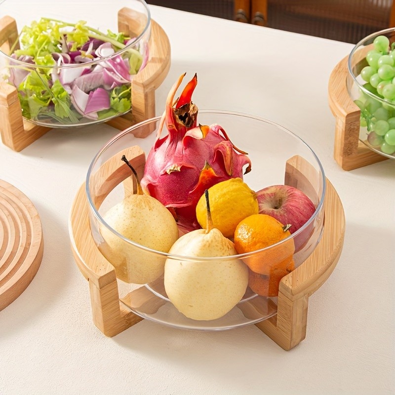 YUMIPLUS Glass Fruit Plate with Bamboo Base  Elegant Snack & Salad Bowl for Home, Restaurant & Hotel Use
