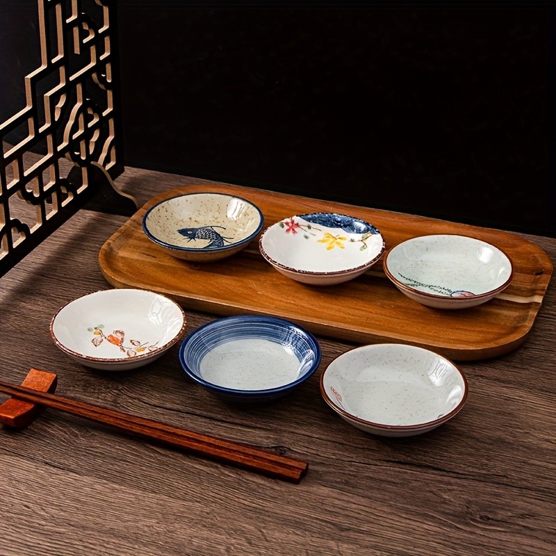 YUMIPLUS Japanese Retro Ceramic Side Dish Bowls Set (6pcs)  Traditional Porcelain Seasoning & Soy Sauce Dipping Plates