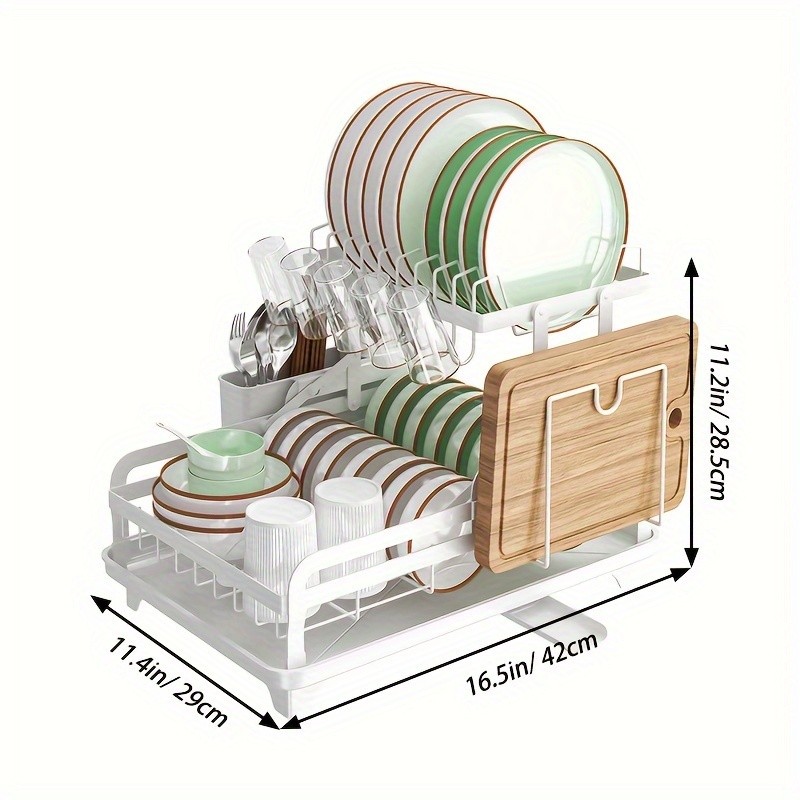 URLUNA 2-Tier Dish Drying Rack with Drainboard  Large Metal Rack with Glass Holder, Utensil Holder & Extra Drying Mat