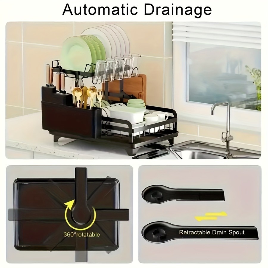 URLUNA 2-Tier Dish Drying Rack with Drainboard  Large Metal Rack with Glass Holder, Utensil Holder & Extra Drying Mat