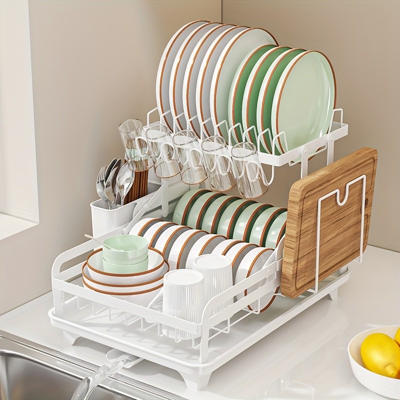 URLUNA 2-Tier Dish Drying Rack with Drainboard  Large Metal Rack with Glass Holder, Utensil Holder & Extra Drying Mat