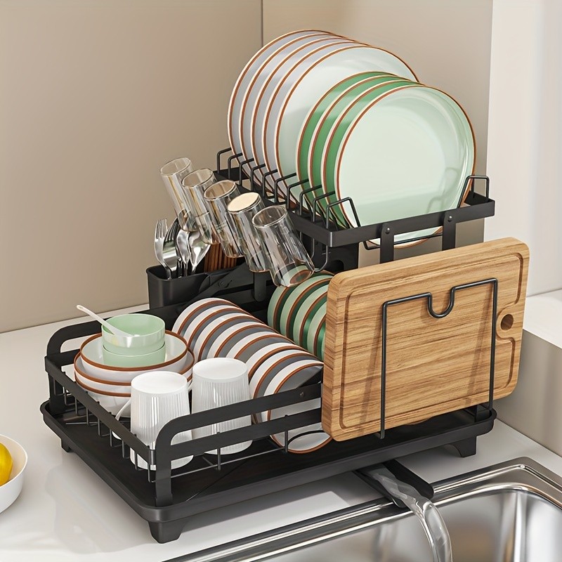 URLUNA 2-Tier Dish Drying Rack with Drainboard  Large Metal Rack with Glass Holder, Utensil Holder & Extra Drying Mat