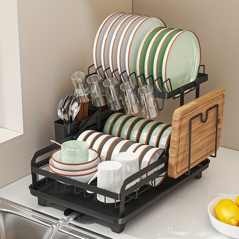 URLUNA 2-Tier Dish Drying Rack with Drainboard  Large Metal Rack with Glass Holder, Utensil Holder & Extra Drying Mat