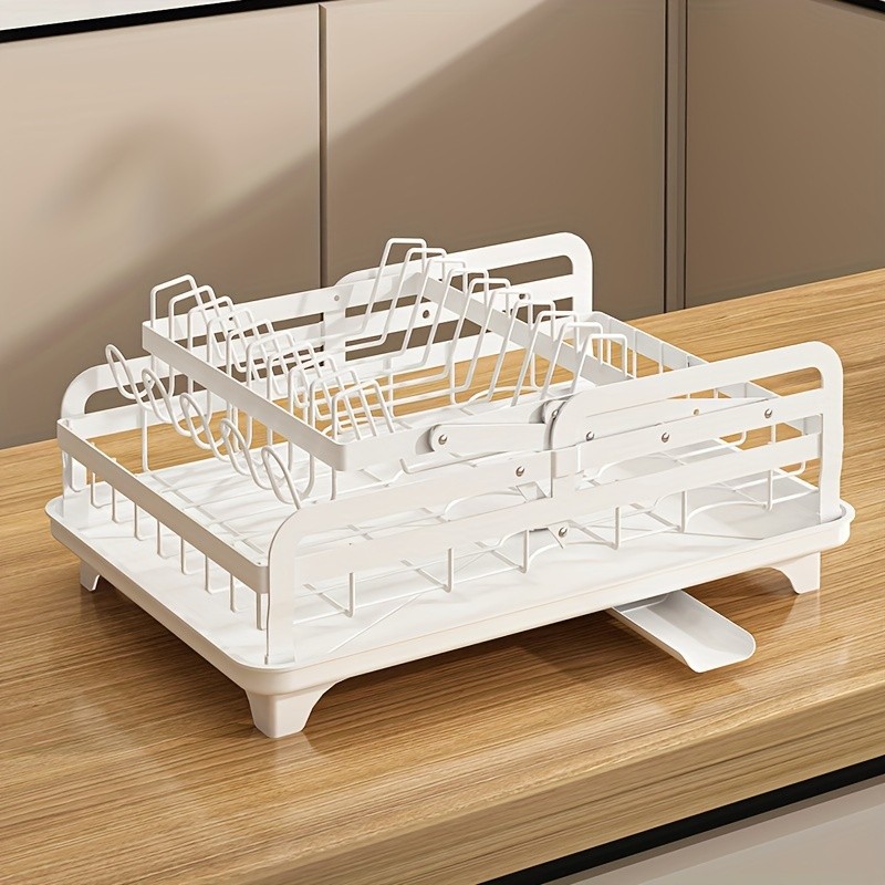 URLUNA 2-Tier Dish Drying Rack with Drainboard  Large Metal Rack with Glass Holder, Utensil Holder & Extra Drying Mat