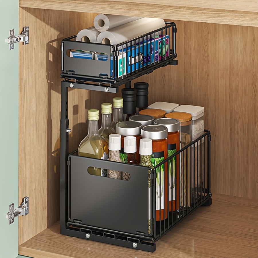 URLUNA 2-Tier Pull-Out Under Sink Organizer  Space-Saving Metal Cabinet Storage Rack for Kitchen & Bathroom