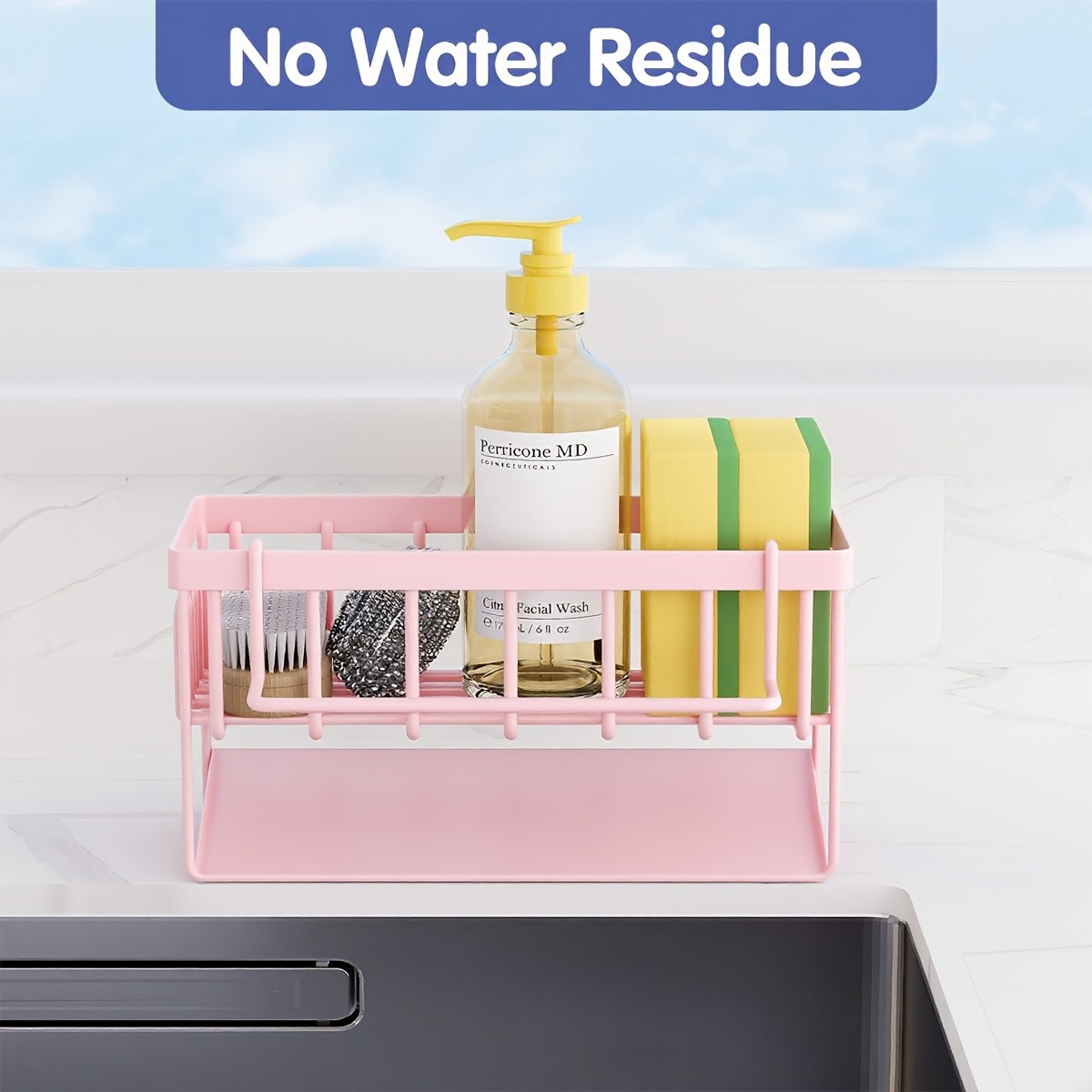 URLUNA Sink Caddy with Rag Hook & Self-Drain Tray  Pink Kitchen Organizer for Sponges, Cloths & Cleaning Supplies
