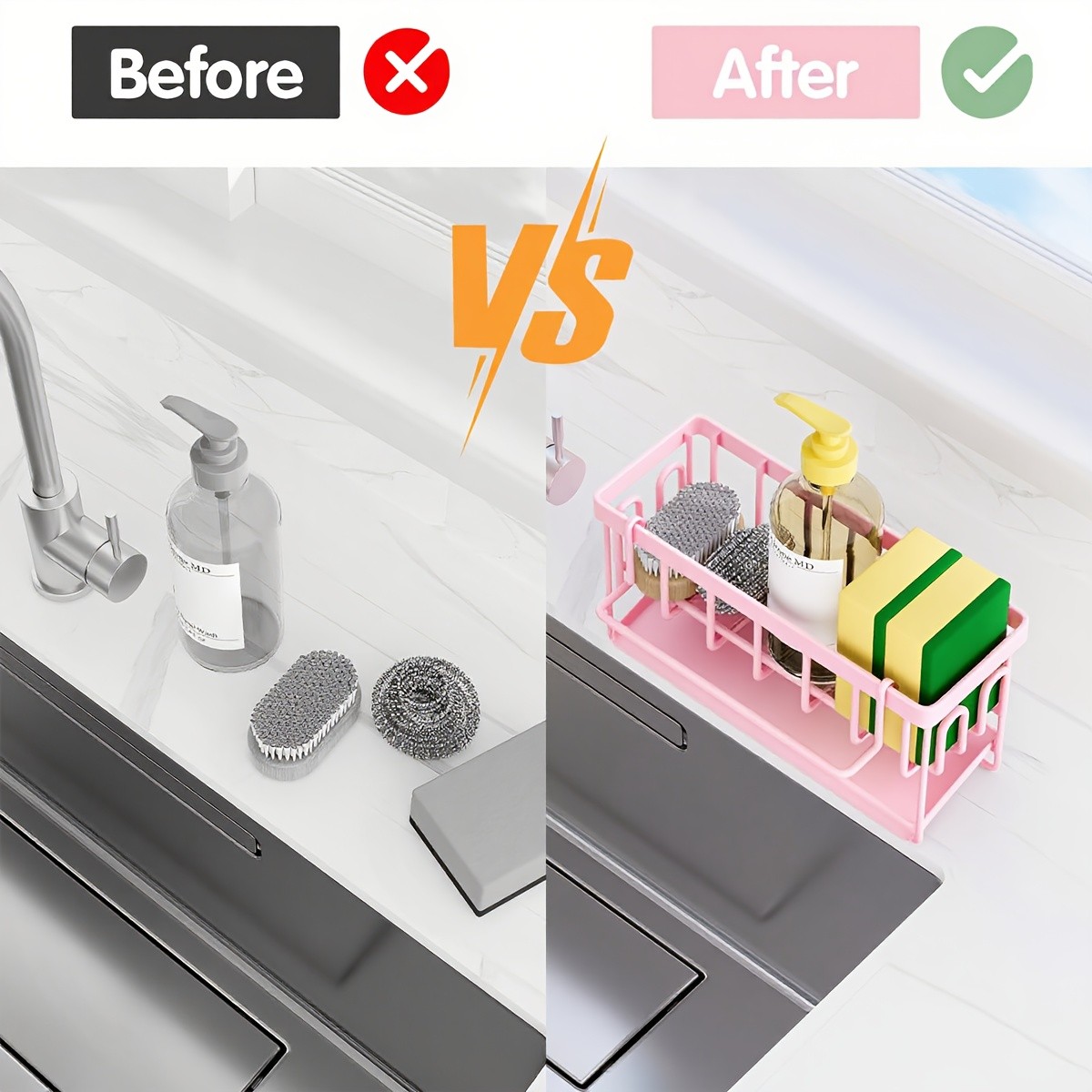 URLUNA Sink Caddy with Rag Hook & Self-Drain Tray  Pink Kitchen Organizer for Sponges, Cloths & Cleaning Supplies