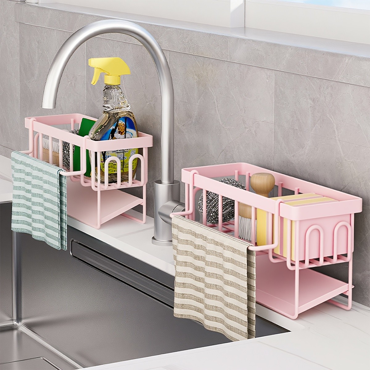 URLUNA Sink Caddy with Rag Hook & Self-Drain Tray  Pink Kitchen Organizer for Sponges, Cloths & Cleaning Supplies