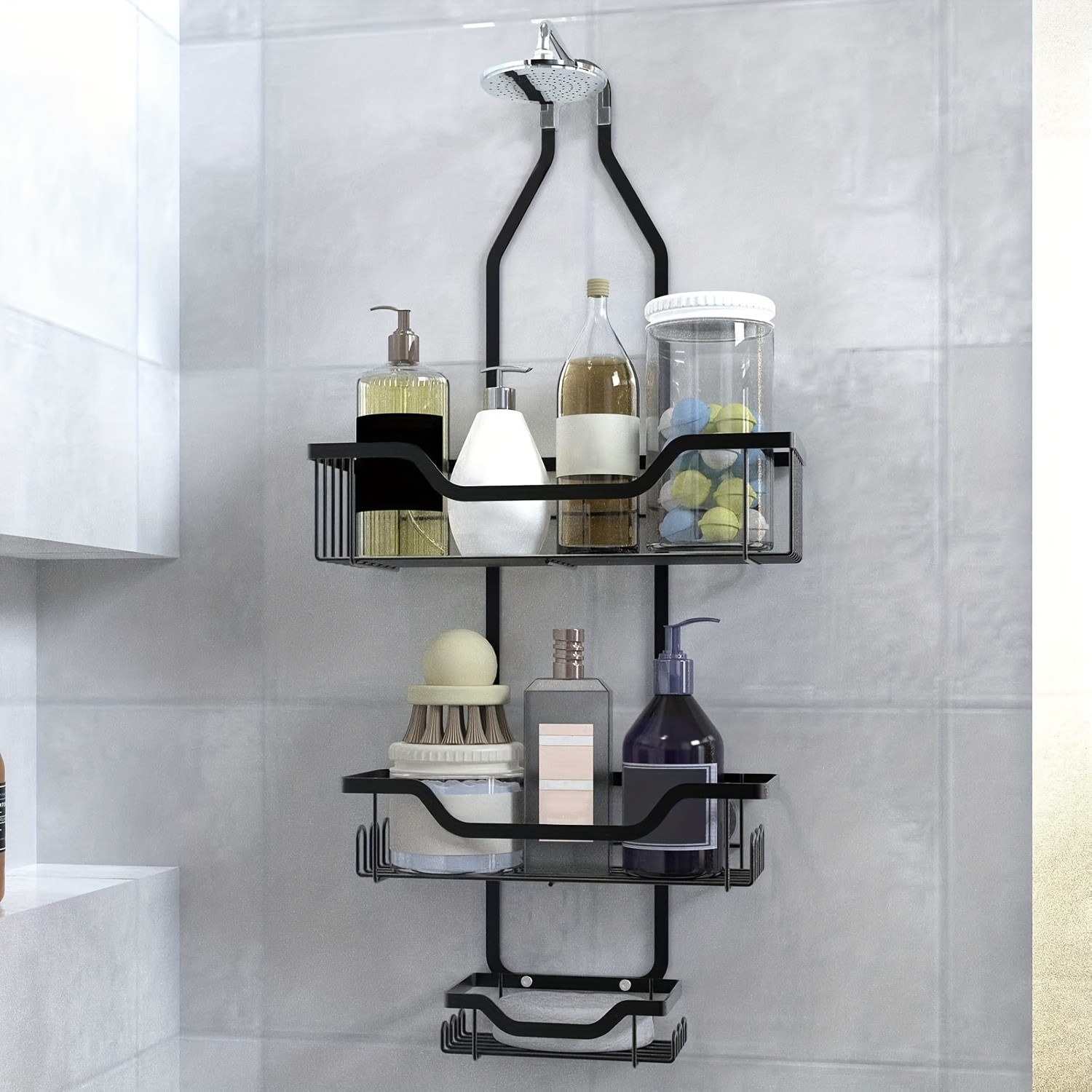 URLUNA Rustproof Black Shower Caddy Wall-Mounted No-Drill Bathroom Organizer with Soap Holder