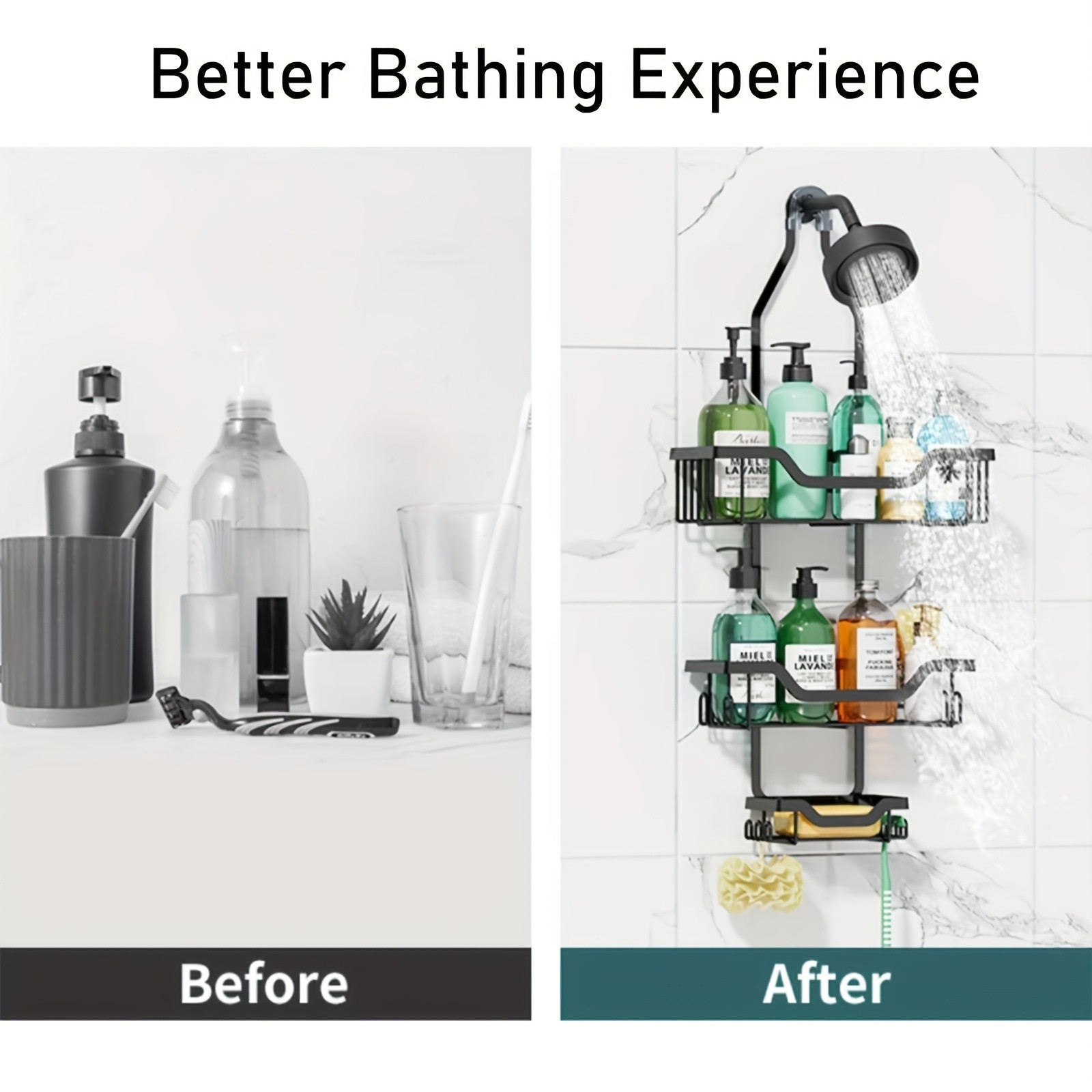 URLUNA Rustproof Black Shower Caddy Wall-Mounted No-Drill Bathroom Organizer with Soap Holder