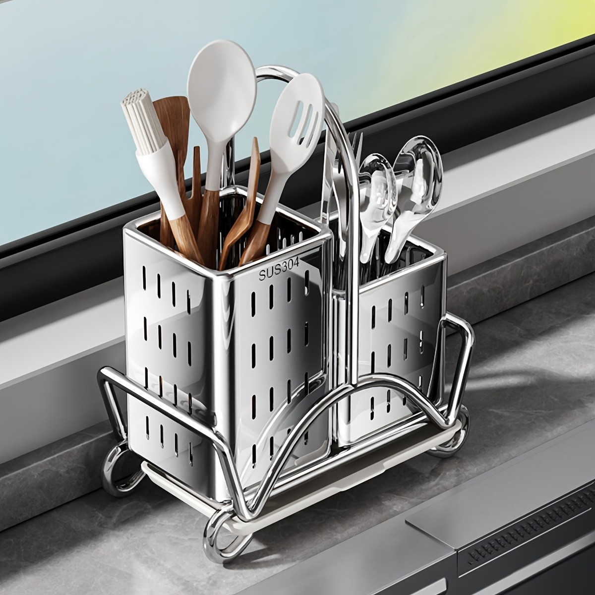 URLUNA Stainless Steel Cutlery Holder SUS 304 Silverware Caddy with Bracket for Kitchen Countertop