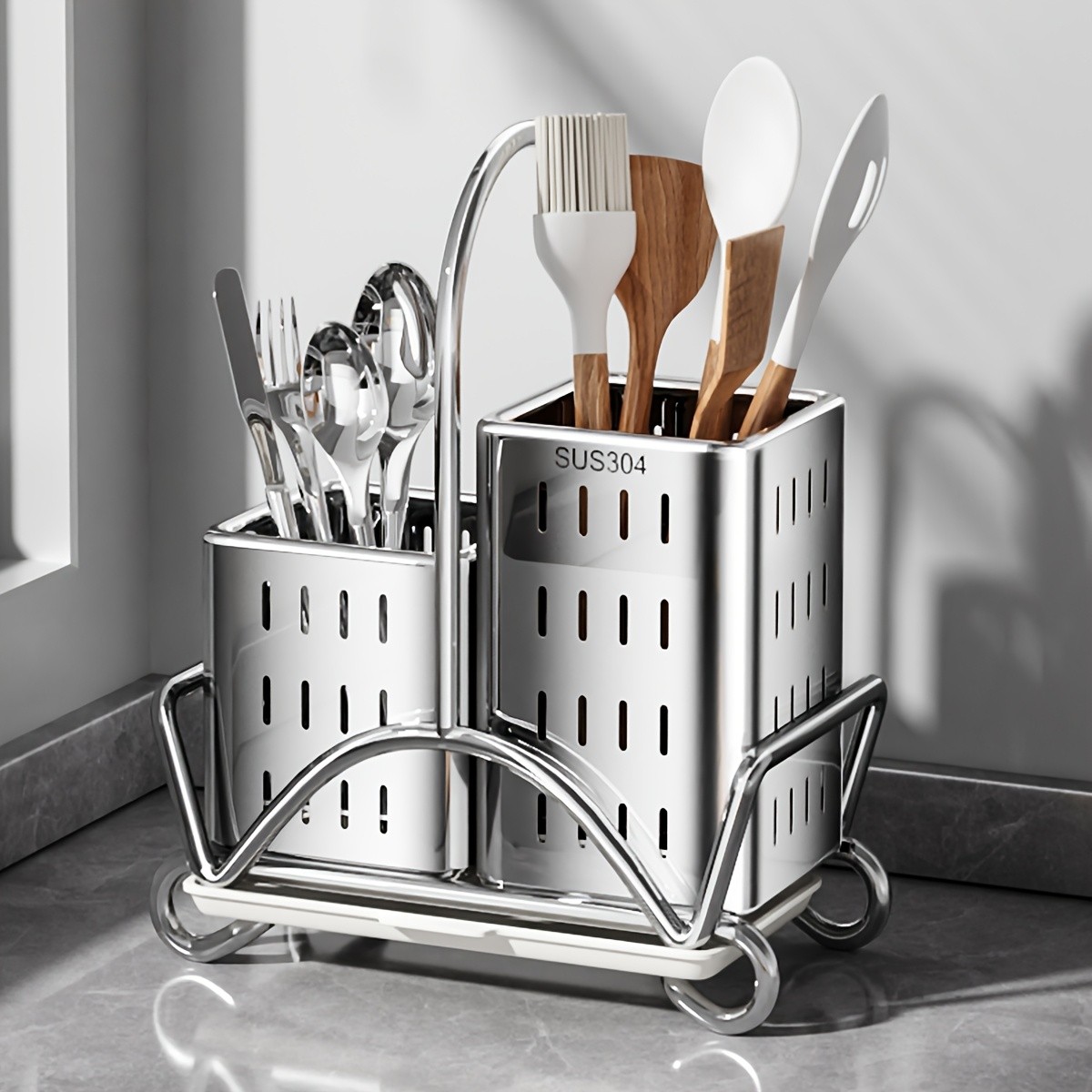 URLUNA Stainless Steel Cutlery Holder SUS 304 Silverware Caddy with Bracket for Kitchen Countertop
