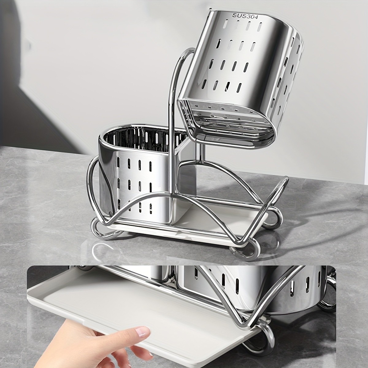 URLUNA Stainless Steel Cutlery Holder  SUS 304 Silverware Caddy with Bracket for Kitchen Countertop