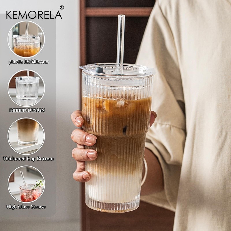 KEMORELA Large Capacity Vertical Striped Glass Cups with Lids  Reusable Dishwasher-Safe Tumblers for Cold Drinks, Coffee & Juice