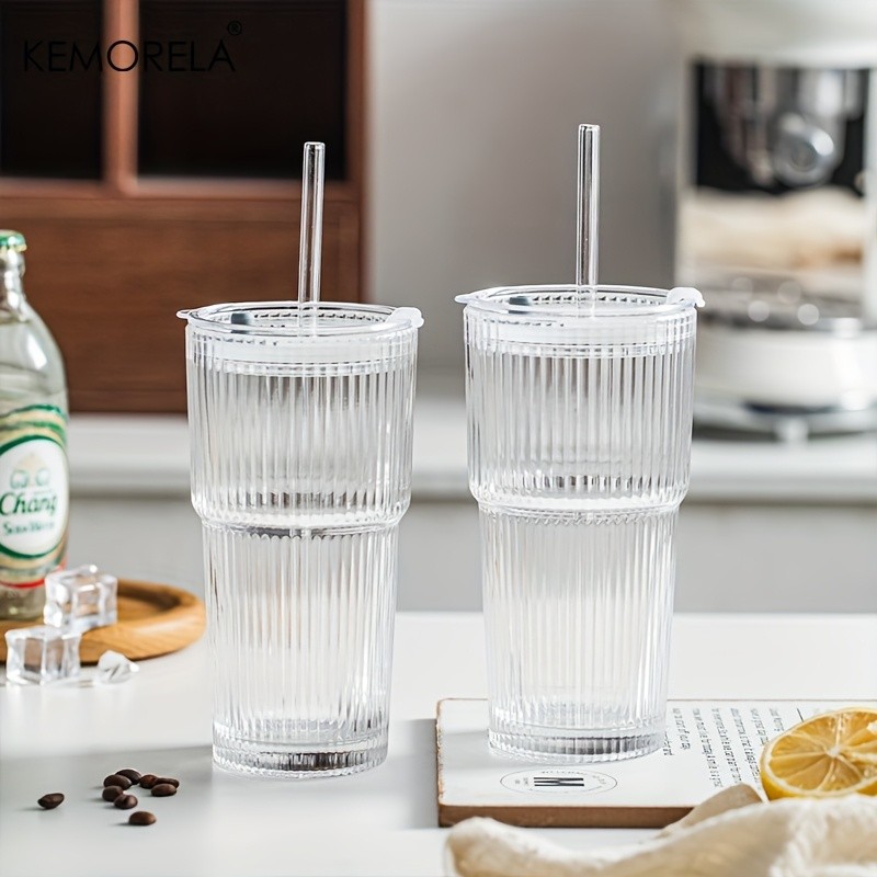 KEMORELA Large Capacity Vertical Striped Glass Cups with Lids  Reusable Dishwasher-Safe Tumblers for Cold Drinks, Coffee & Juice
