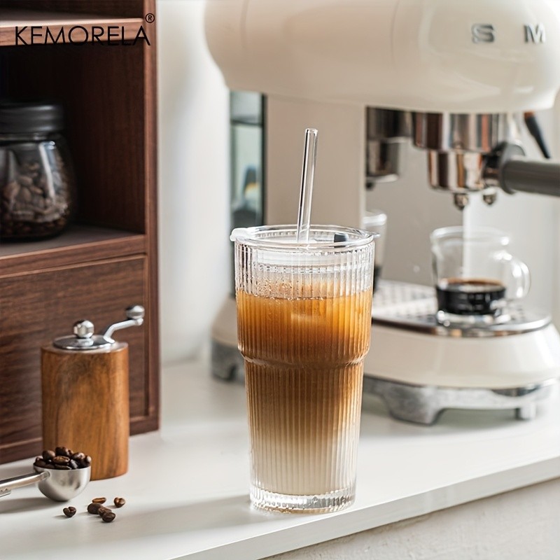 KEMORELA Large Capacity Vertical Striped Glass Cups with Lids  Reusable Dishwasher-Safe Tumblers for Cold Drinks, Coffee & Juice