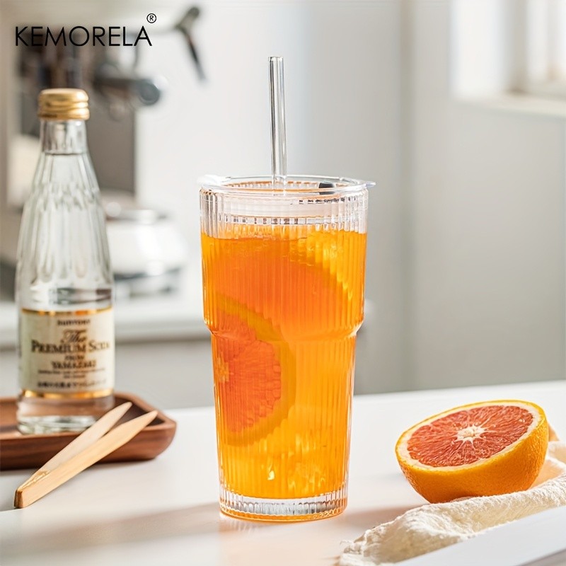 KEMORELA Large Capacity Vertical Striped Glass Cups with Lids  Reusable Dishwasher-Safe Tumblers for Cold Drinks, Coffee & Juice