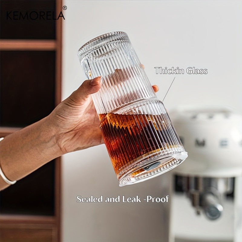 KEMORELA Large Capacity Vertical Striped Glass Cups with Lids  Reusable Dishwasher-Safe Tumblers for Cold Drinks, Coffee & Juice