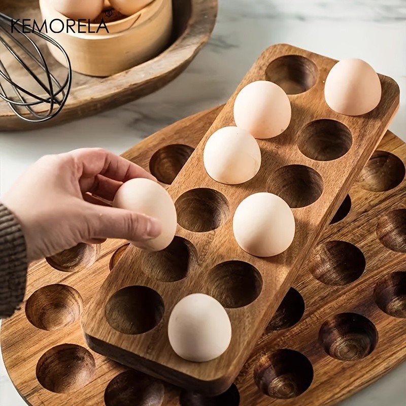 KEMORELA Wooden Egg Storage Box  Multi-Compartment Egg Holder Tray for Home Kitchen Organisation