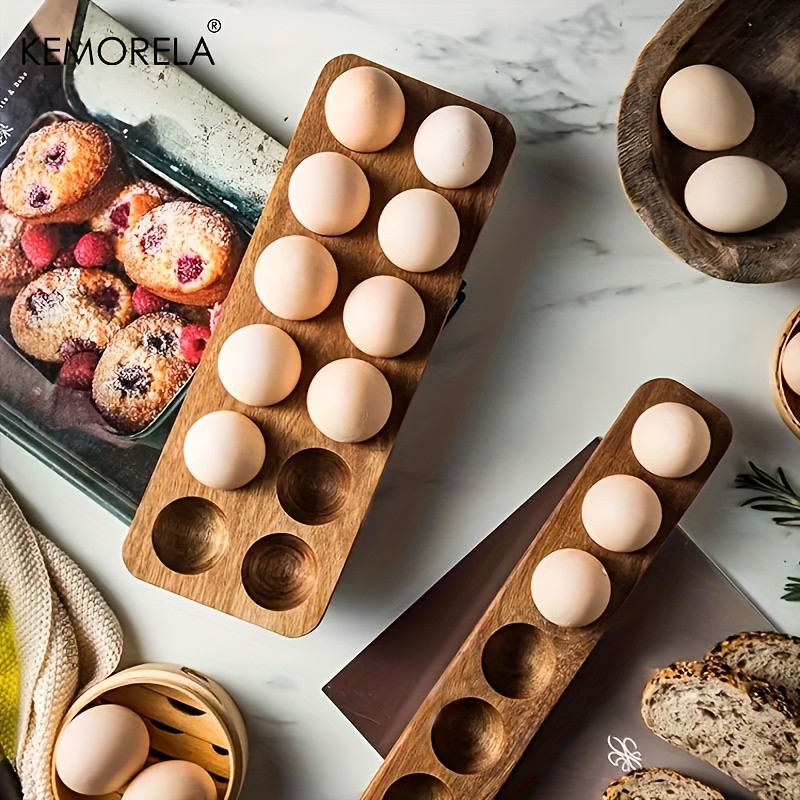 KEMORELA Wooden Egg Storage Box  Multi-Compartment Egg Holder Tray for Home Kitchen Organisation