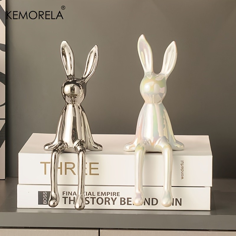 KEMORELA Long-Eared Rabbit Ceramic Ornament Simple Sitting Figurine for Living Room, TV Cabinet & Holiday Dcor