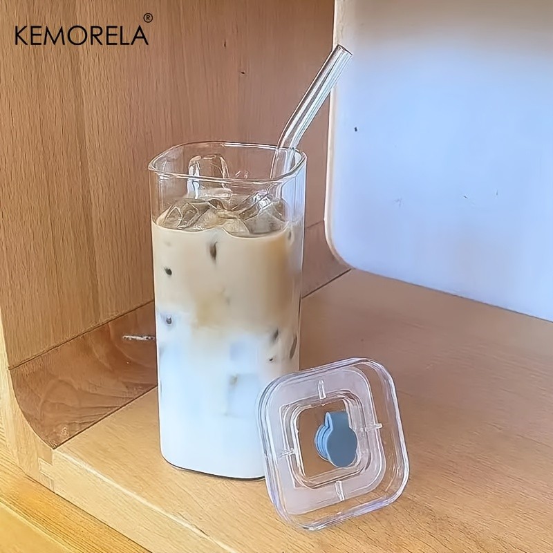 KEMORELA 380ml Portable Rectangular Glass Cup with Lid & Straw (4/6pcs)  Heat-Resistant, Durable & Travel-Friendly Drinkware