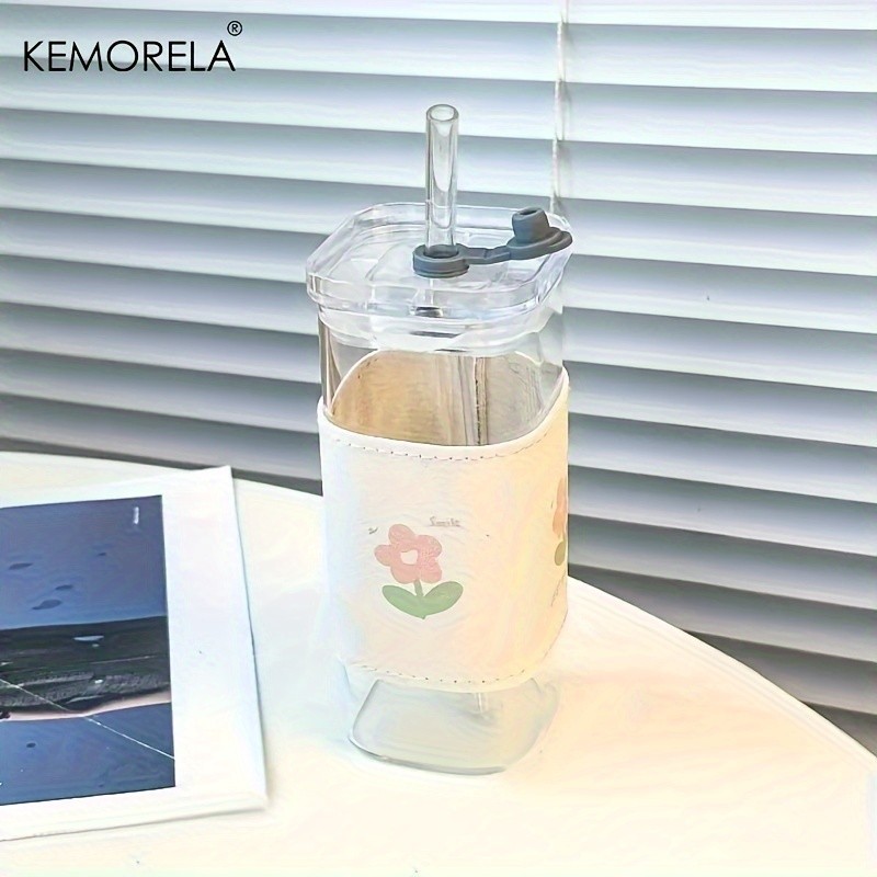 KEMORELA 380ml Portable Rectangular Glass Cup with Lid & Straw (4/6pcs)  Heat-Resistant, Durable & Travel-Friendly Drinkware