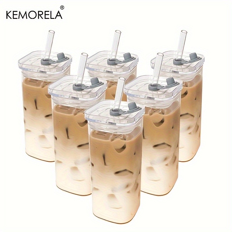 KEMORELA 380ml Portable Rectangular Glass Cup with Lid & Straw (4/6pcs)  Heat-Resistant, Durable & Travel-Friendly Drinkware