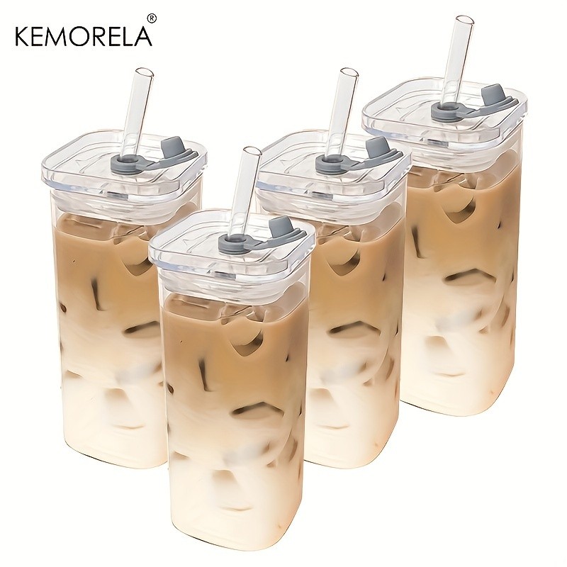 KEMORELA 380ml Portable Rectangular Glass Cup with Lid & Straw (4/6pcs)  Heat-Resistant, Durable & Travel-Friendly Drinkware